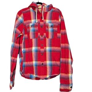 Hollister Large Men’s Red Plaid Hooded Button Down Flannel Shirt 100% Cotton